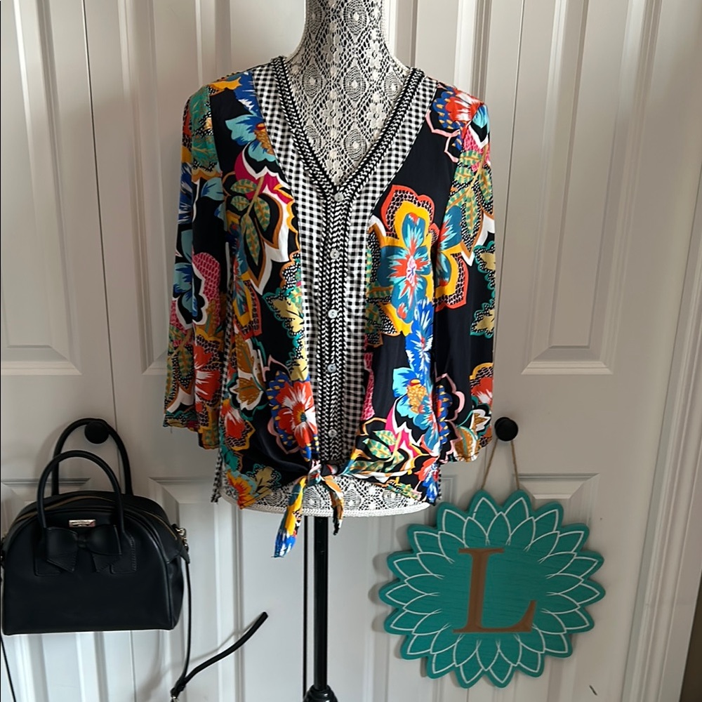 Spense Blue Red Graphic Tie Front 3/4 Sleeve Blouse